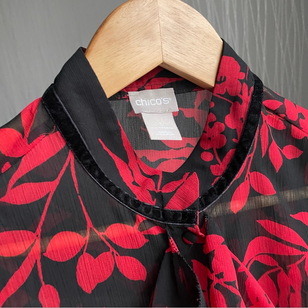 Chico’s Floral Print Red Black Sheer Ruffle Front Blouse US size 8/10 - Picture 7 of 16